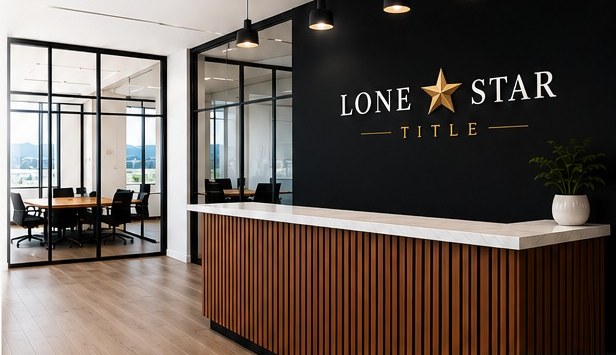 Lone Star Title office reception with gold logo on a black wall